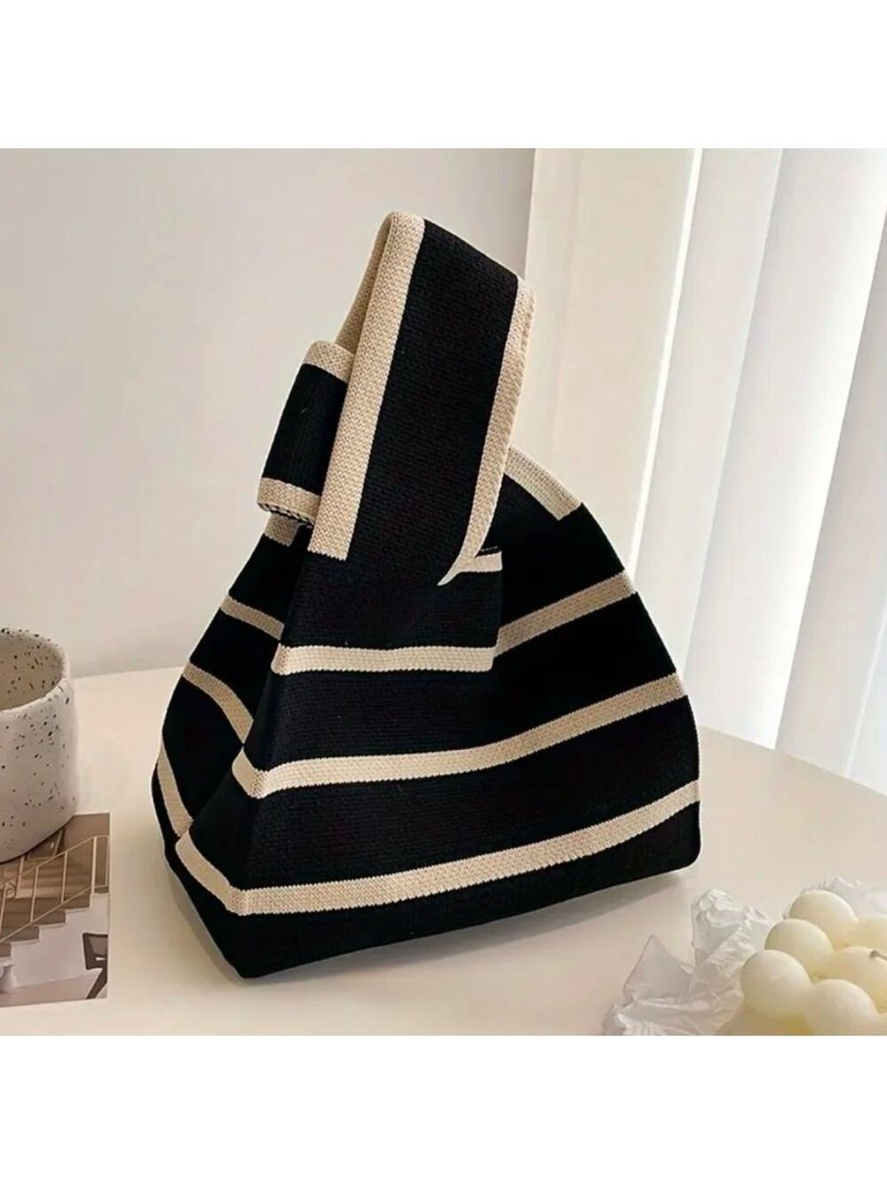 Heavy Woven Knit Stripe Pattern Tote Purse Bag Japanese Knot  Closure Style